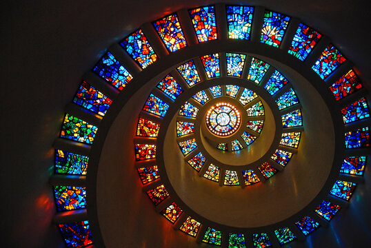 The Spiral Stained glass is a colorful representation of the Fibonacci sequence at the Thanksgiving Chapel, Dallas