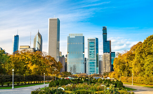 Skyline of Chicago at Grant Park in Illinois - United States
