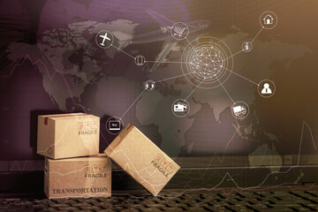 Cardboard paper boxes on notebook with a plane flies behind.business concept of International...