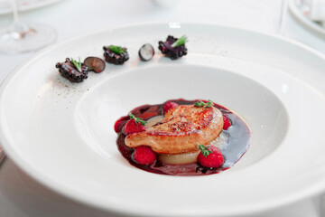 Foie gras with port sauce on white plate, haute cuisine, toned