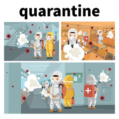 Prevention concept at school. People in Protective suit wearing medical face mask. Disinfecting spray for covid-19 or coronavirus. Disease prevention. Vector illustration.