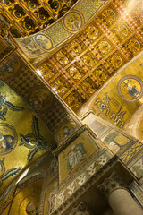Fototapeta na wymiar Detail of the Golden mosaic in the ceiling of Cathedral of Monreale, in the province of Palermo on Sicily