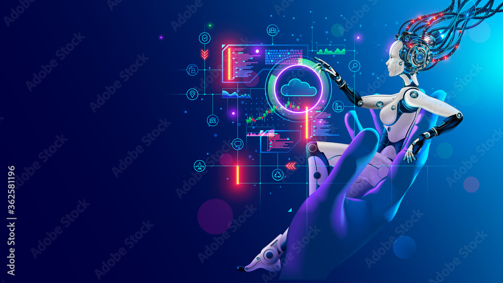 Poster Beauty robot woman sitting in hand human, analyze data on hud interface in cyberspace. Cyborg with artificial intelligence working with neural networks, big data, cloud computing. AI and Industry 4.0