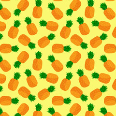Seamless pattern with pineapples. Yellow summer background with fruit.	