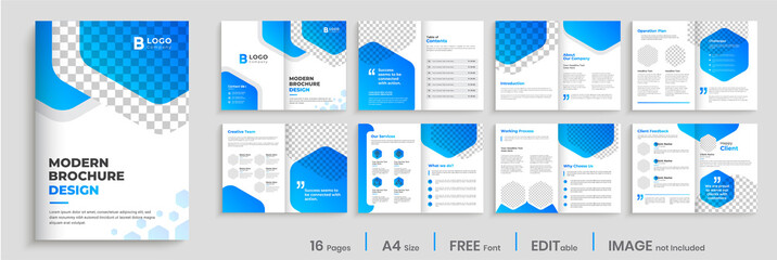 Brochure template design with blue gradient shapes, modern gradient company profile, annual report, multi-pages brochure design.