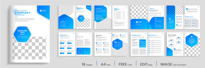 Brochure template design with blue gradient shapes, modern gradient company profile, annual report, multi-pages brochure design.