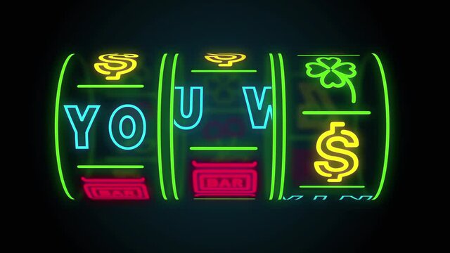 neon casino slot machine spinning, money flying after win combination and text you win