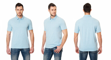 A handsome, muscular guy in a blue Polo shirt. Template Polo t-shirts. Front view, side view, back view