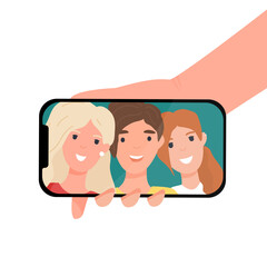 Group of three teenage friends taking a selfie with a smartphone. Young smiling man and women. People friendship concept. Colorful flat cartoon vector illustration isolated on white background