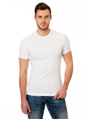 The young man in a white t-shirt on a white background. Template of a white t-shirt. Front view