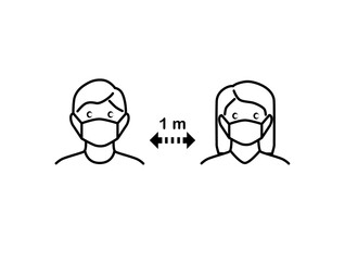 Man and woman wearing a protective medical mask for prevent corona virus.People Keep Safe Distance 1 meter.New normal Concept.Human to protect from corona virus concept.Line Icon sign and symbol.