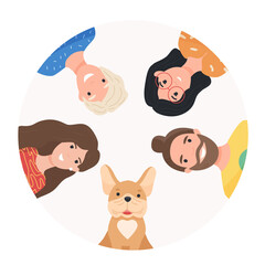 Dog or pet day web banner. Group of young smiling people portraits and french bulldog. Happy students/teenagers and dog isolated on white background. Colorful flat cartoon vector illustration.