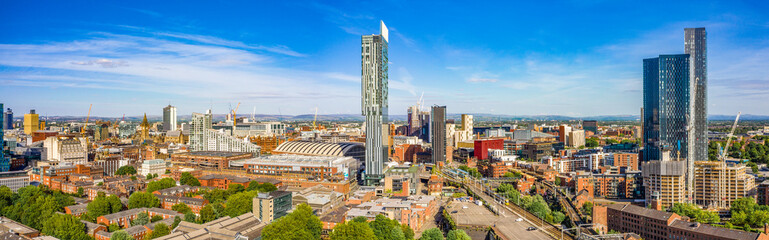 Extremely wide panoramic aerial shot on a beautiful summer day during lock-down in Manchester UK - obrazy, fototapety, plakaty