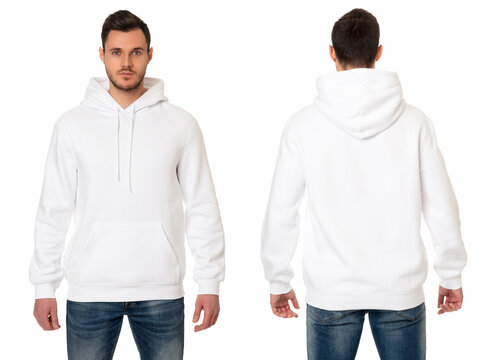Man in white hooded sweatshirt on white background. Front view, back view