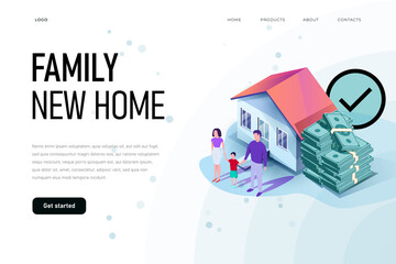 Happy family is around their new home. Family new home illustration concept.