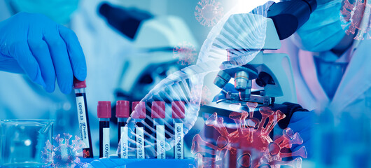 multi exposure of coronavirus COVID 19 infected blood sample in sample tube in hand of scientist in...