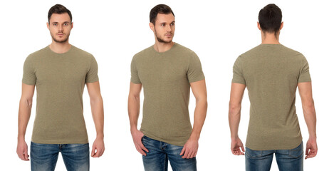 A handsome muscular guy in a brown t shirt. Mockup of a template of a brown man's t-shirt on a...