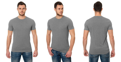A handsome muscular guy in a grey t shirt. Mockup of a template of a grey man's t-shirt on a white background. Front view, rear view. 