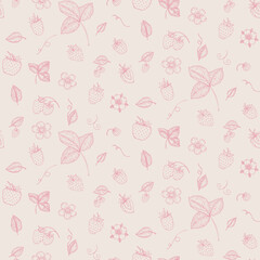 Strawberry leaves flowers pattern are hand drawn doodle graphics vector. Cute pink.