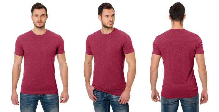 A Handsome Muscular Guy In A Red T Shirt. Mockup Of A Template Of A Red Man's T-shirt On A White Background. Front View, Rear View. 
