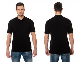 A handsome muscular guy in a black polo t shirt. Mockup of a template of a black man's  polo t-shirt on a white background. Front view, rear view. 