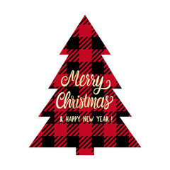 Merry Christmas lettering on checkered tree shape. Red and black color cage tag or print. Vector Winter holiday design isolated on white background