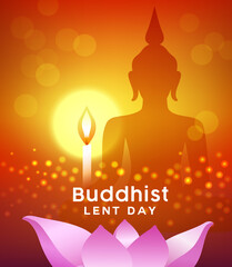 Buddhist lent day, buddha silhouette, with candle light and lotus flower pink background, vector illustration