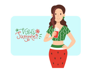 Summer vibes banner with cute woman character in watermelon outfit. Flat cartoon vector illustration with handwritten lettering phrase. Seasonal vacation concept.