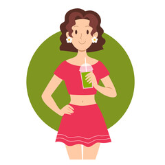 Cute cartoon European girl character in pink outfit holding juice in hand. Isolated flat vector illustration. Summer party concept. Design for card, poster, social media, web banner or print.