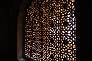 Ancient window pattern or Jali window a Heritage architecture at Mehrangarh Fort in Jodhpur, Rajasthan