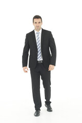 Handsome and smart businessman in black suit isolated on white background. Business and Finance concept. Copy Space