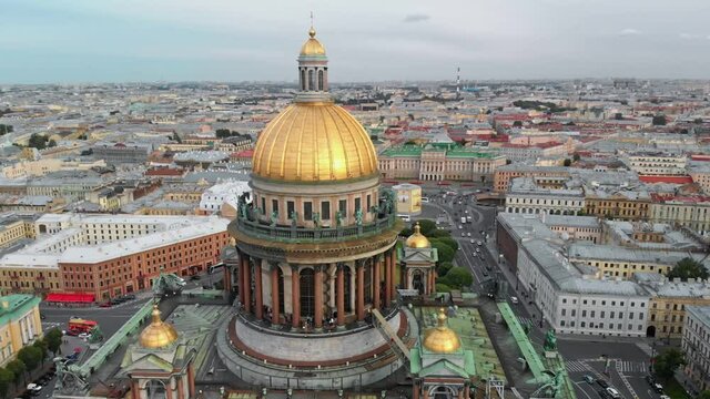 Saint Isaac's Cathedral shot on autumn day in St. Petersburg. Aerial drone view of Saint Petersburg, Russia.