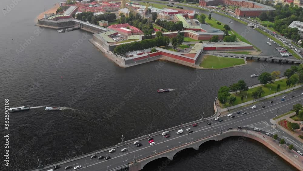 Poster View from the drone of the Peter and Paul Fortress a star fortress. In the early 1920s, it was still used as a prison and execution ground by the Bolshevik government in  St. Petersburg, Russia.