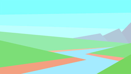 vector illustration, abstract landscape, mountain, river, clear sky, riverbank