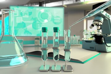 laboratory test tubes in biotechnology research office - potable water quality test for bacteria concept, medical 3D illustration