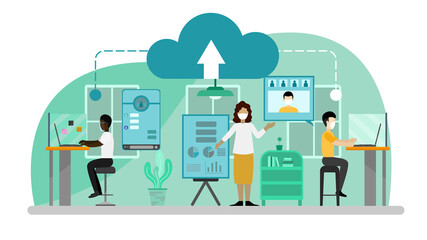 Vector illustration concept of New normal in working space at work place. Creative flat design for web banner, marketing material, business presentation, online article .