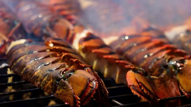 close up view of delicious gourmet lobster on a grill.  the seafood is slowing cooking while the smoke rises from the grill 