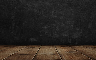 Old wood table top and dark wall background 3d illustration