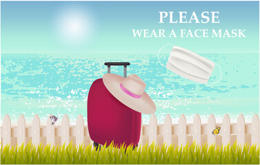 Please wear a face mask banner with beach view, suitcase, hat, grass, fence, text, white medical face mask. Coronavirus banner