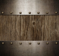 old metal frame with rivets over wood background 3d illustration