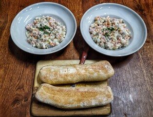 Russian maionese salad olivie and bread
