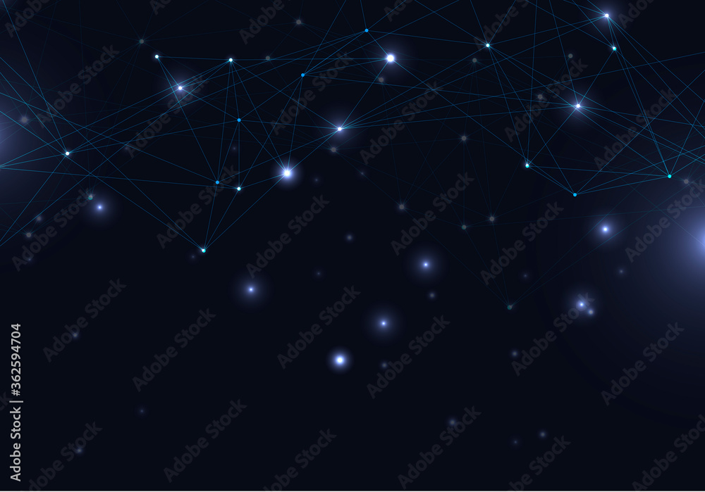Poster Abstract vector glowing bright molecules with dots and lines on blue background