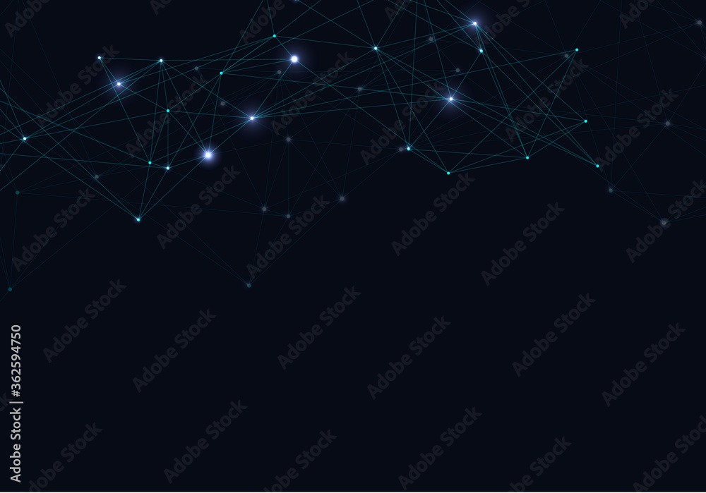 Poster abstract vector glowing bright molecules with dots and lines on blue background