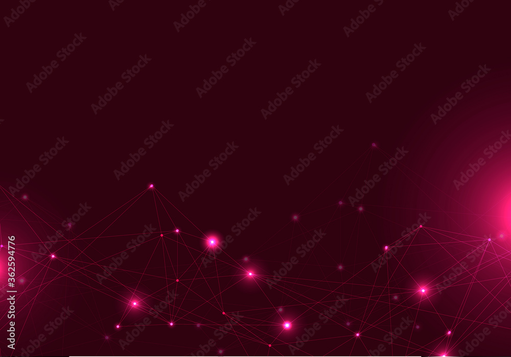 Poster abstract luminous molecules of violet color with dots or lines on a bright background