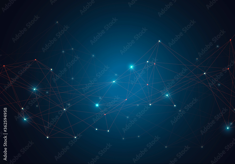 Poster Abstract vector glowing bright molecules with dots and lines on blue background