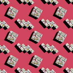 Fototapeta na wymiar Bright minimalistic pattern. White marshmallow with hard shadows on a pink background, top view, flat lay, copy space. Creative sweet delicious concept. Ideas for packaging or wrapping paper