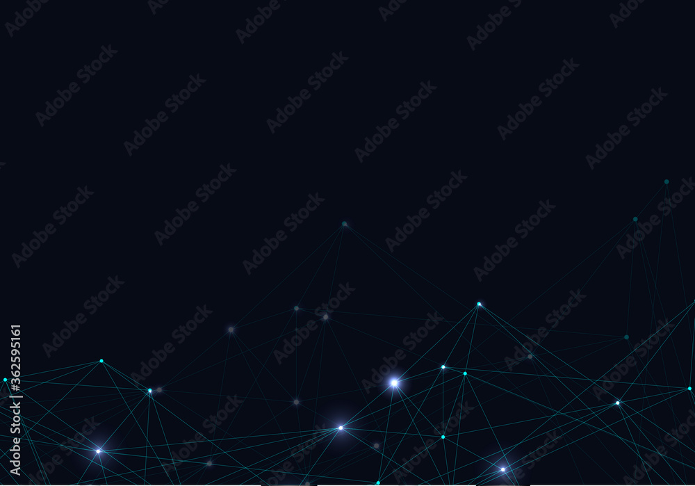 Poster abstract vector glowing bright molecules with dots and lines on blue background