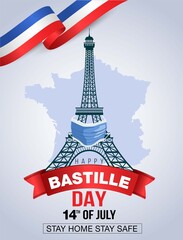 Happy Bastille Day, 14th of July, holiday greeting card in colors of the national flag of France with Eiffel tower and lettering. Vector illustration. corona virus, covid-19 concept.