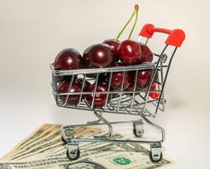 Concept: earning money by selling berries. Cherries in a grocery cart and dollars.