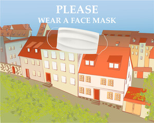 Please wear a face mask banner with buildings, white medical face mask. Coronavirus banner